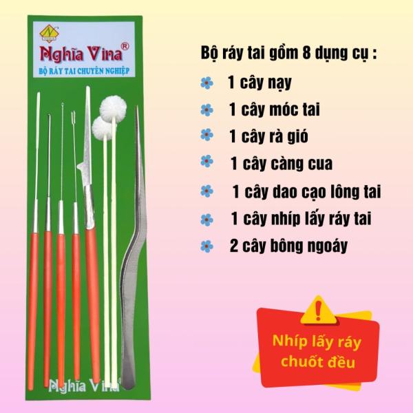 Bộ ráy tai 8 dụng cụ cán nhựa đỏ Nghĩa Vina nhíp chuốt đều, bộ móc ráy tai chuyên nghiệp , vệ sinh tai