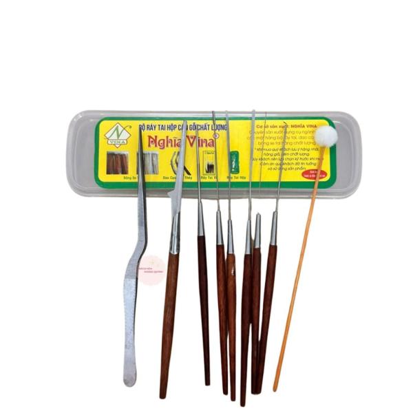 Bộ lấy ráy tai 9 dụng cụ chuyên nghiệp cán GỖ Nghĩa Vina có hộp nhựa