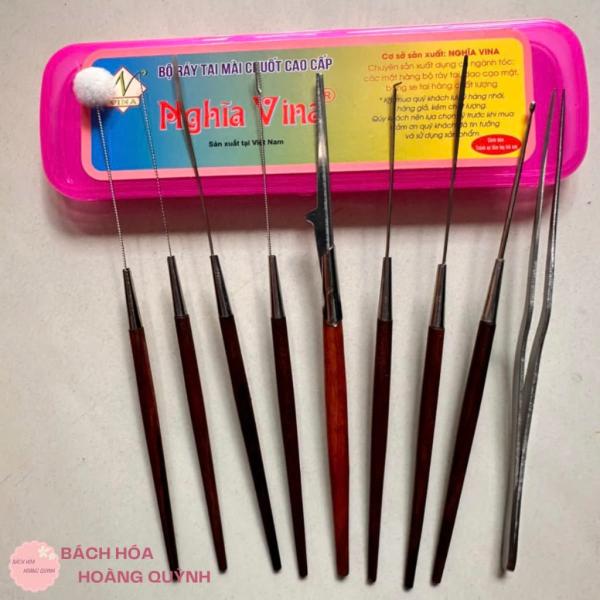 Bộ ráy tai cán gỗ hương Nghĩa Vina, 9 dụng cụ mài chuốt tỉ mỉ, cao cấp, tặng 1 bông nghỗng mềm mịn,