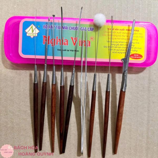 Bộ ráy tai cán gỗ hương Nghĩa Vina, 9 dụng cụ mài chuốt tỉ mỉ, cao cấp, tặng 1 bông nghỗng mềm mịn,