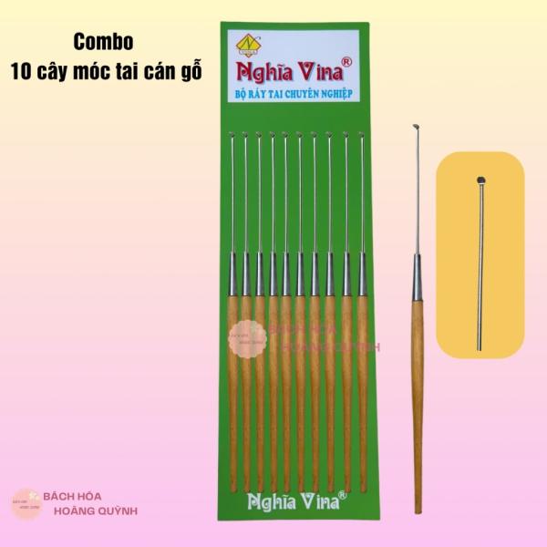 Combo 10 cây móc tai inox cán gỗ vàng 18 cm Nghĩa Vina, cây móc ráy tai, cây lấy ráy tai vệ sinh tai
