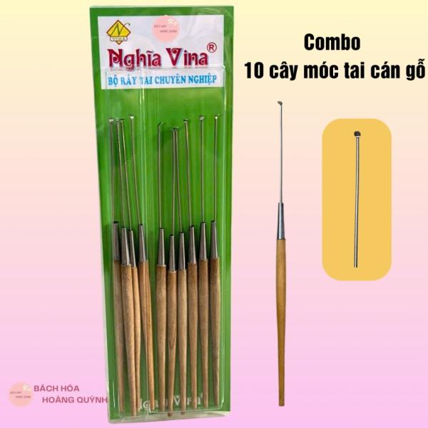 Combo 10 cây móc tai inox cán gỗ vàng 18 cm Nghĩa Vina, cây móc ráy tai, cây lấy ráy tai vệ sinh tai