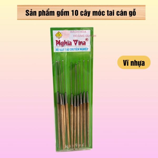 Combo 10 cây móc tai inox cán gỗ vàng 18 cm Nghĩa Vina, cây móc ráy tai, cây lấy ráy tai vệ sinh tai